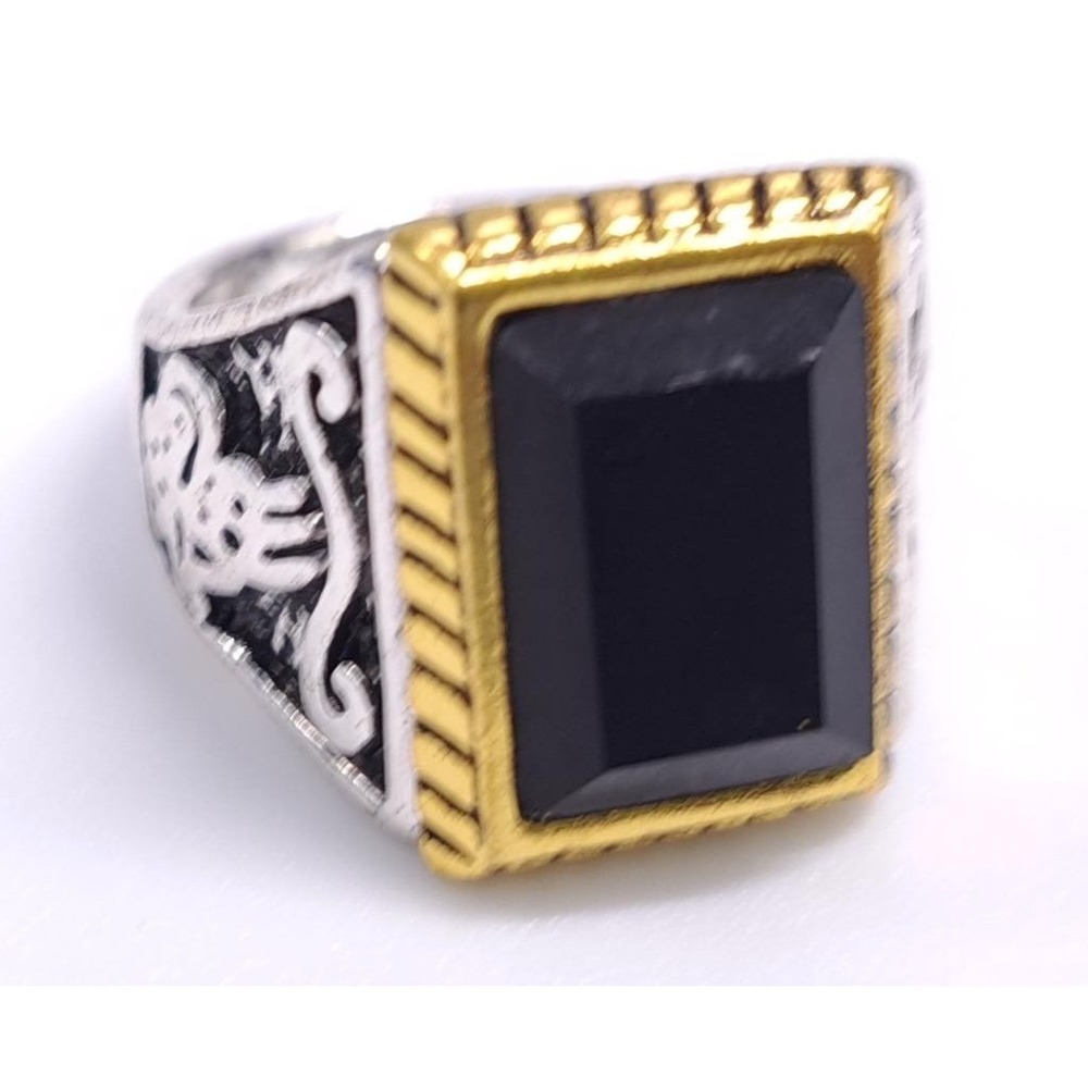 New Signet‎ Statement Ring Size 7.5 Silver Gold 2 Tone Square Black Stone Ornate